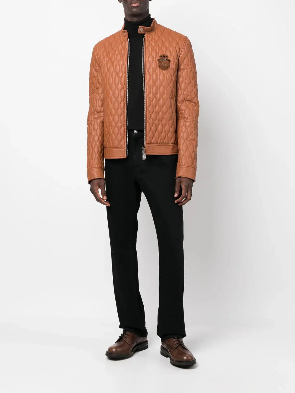 Crest-motif quilted leather jacket