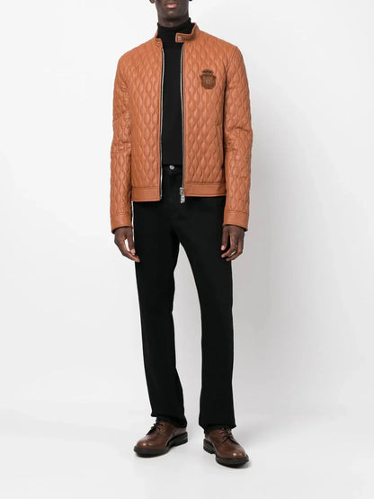 Crest-motif quilted leather jacket
