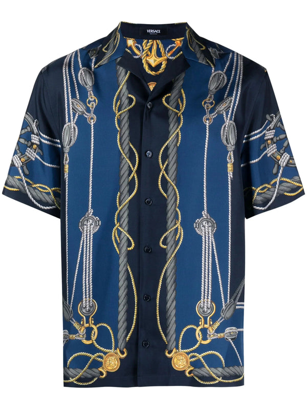 Nautical Print Short Sleeve Silk Shirt