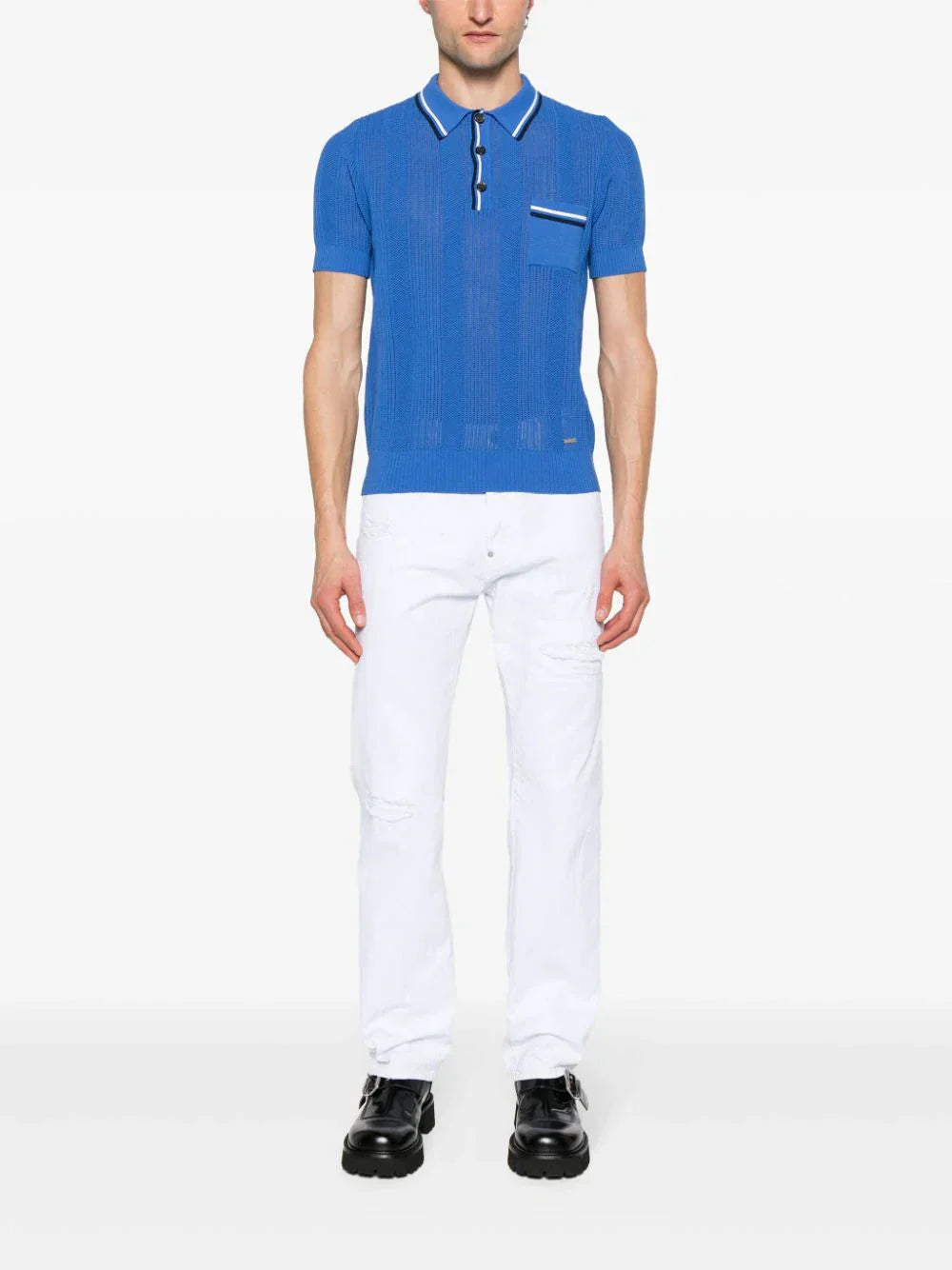 Crochet-knit polo shirt
